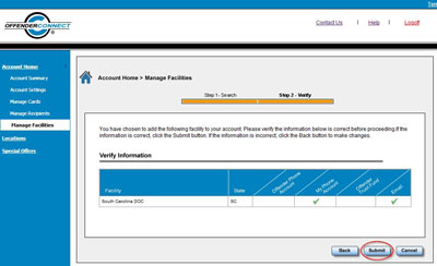 confirming facility on OffenderConnect
