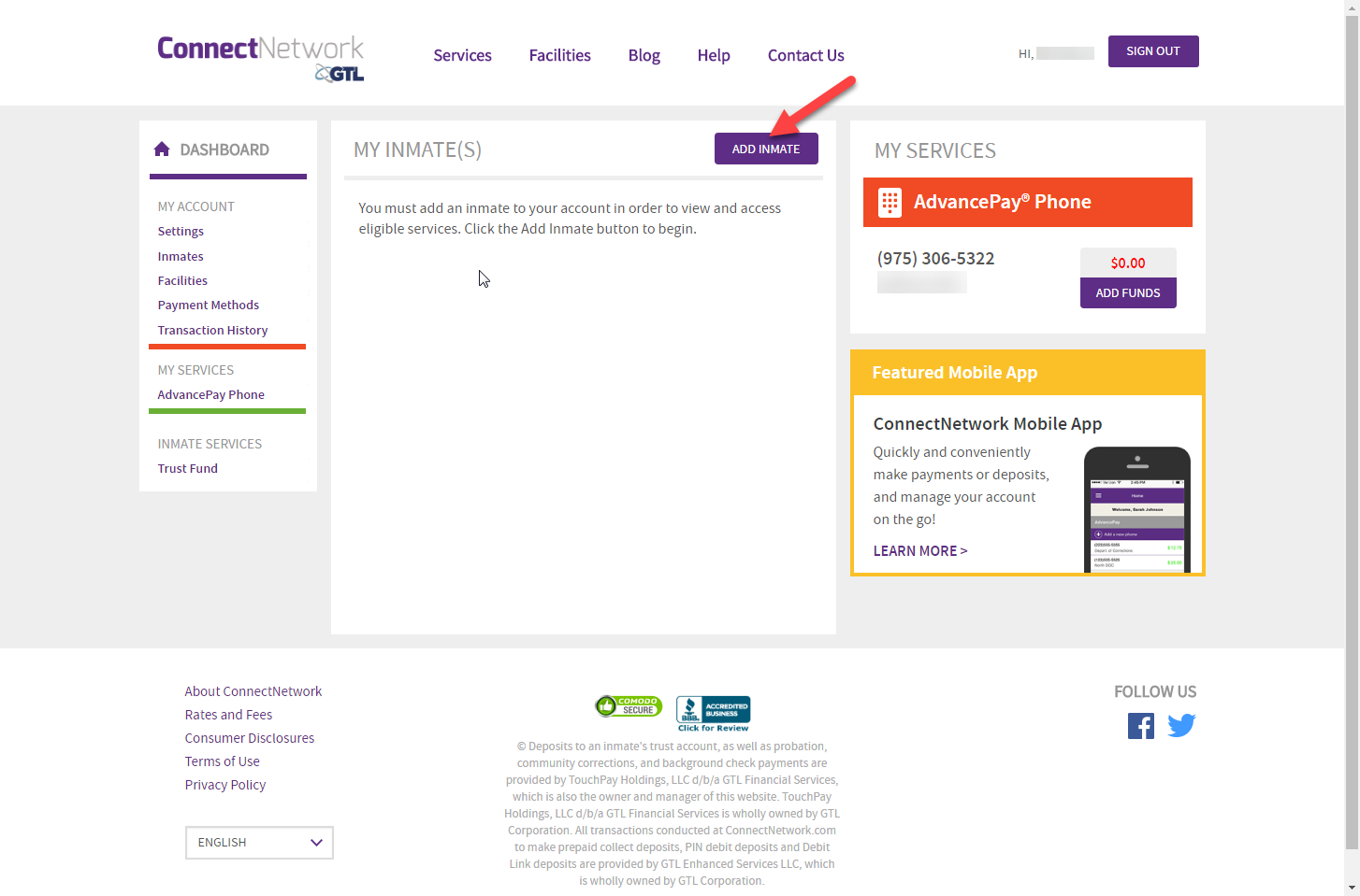 ConnectNetwork dashboard - adding an inmate