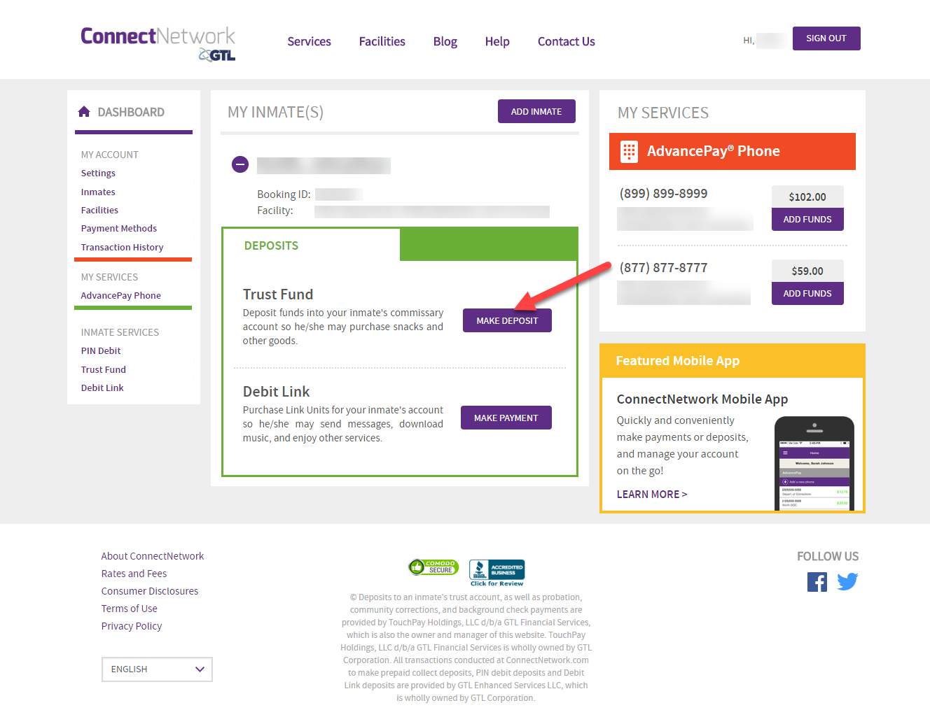 Trust fund dashboard - inmate already selected